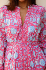Wren Block Print Organic Cotton Dress | Pink/Cobalt - Aspiga