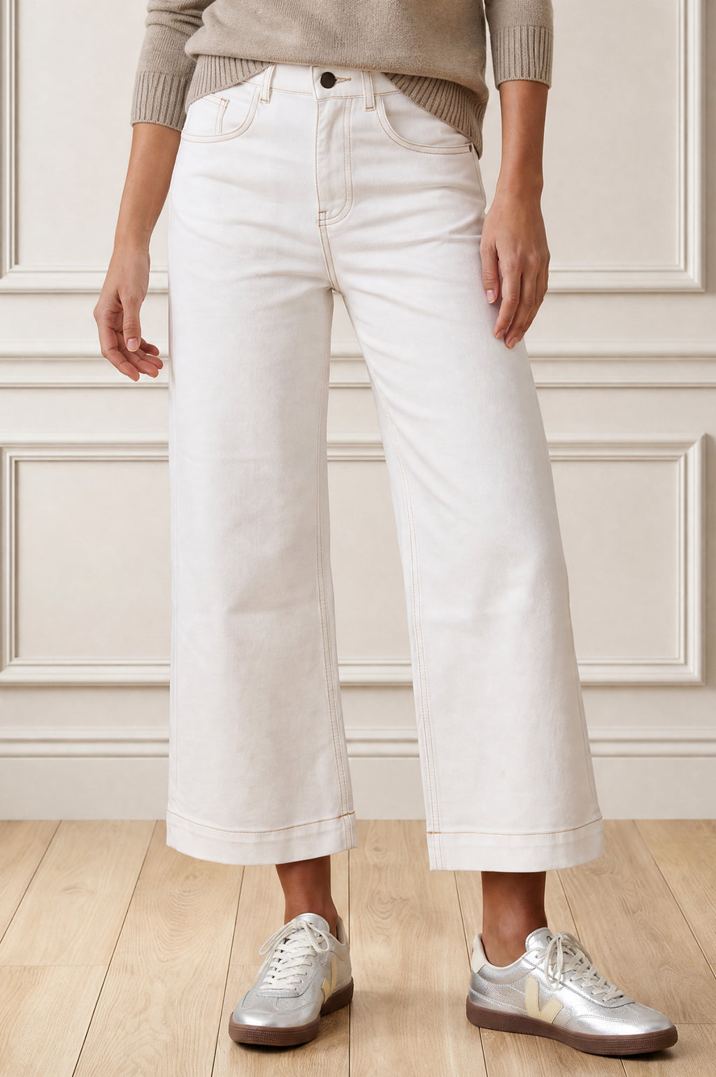 Denim Wide Leg Crop Jeans | Ecru