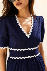 Viola Short Sleeve Organic Cotton Ric Rac Dress | Navy/Ivory