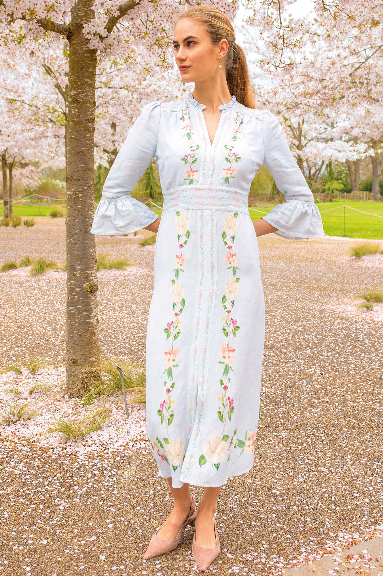 RHS Floral Printed Linen Dress | Pale Blue