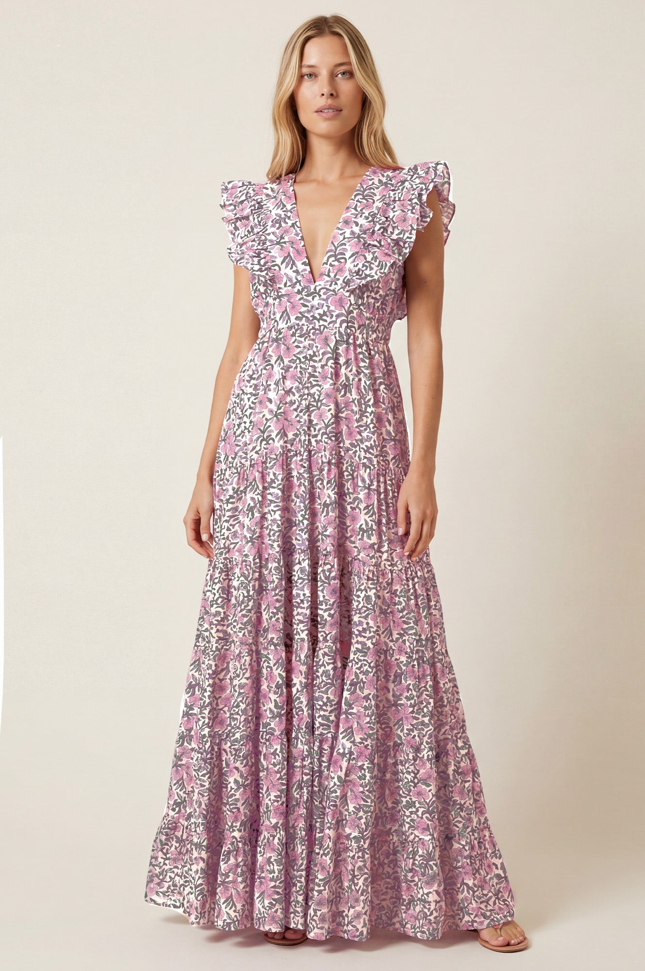 V Neck Rose Maxi Dress | White/Green/Pink