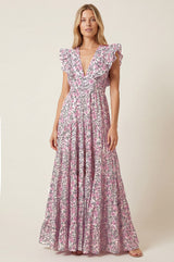 V Neck Rose Maxi Dress | White/Green/Pink