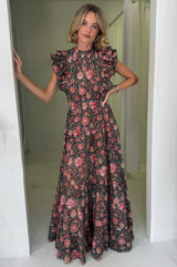 Rose Frill Maxi Dress | Khaki/Orange