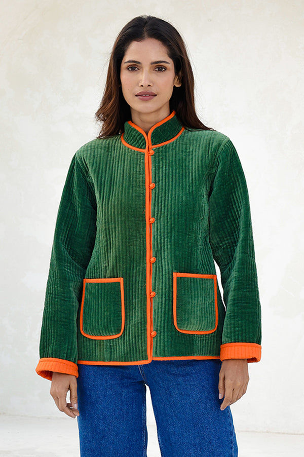 Velvet Quilted Jacket | Green/Orange