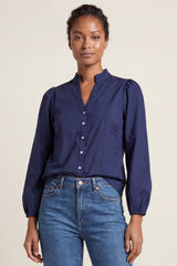 Notch Neck Cotton Poplin Blouse | Navy