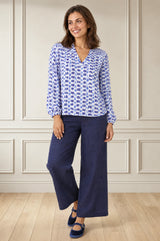 Wide Leg Linen Cropped Trousers | Navy