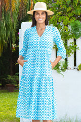 Hayden Organic Cotton Block Print Dress | Ikat white/turquoise