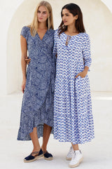 Emma EcoVero™ Midi Dress | Ikat Blue/White - Aspiga