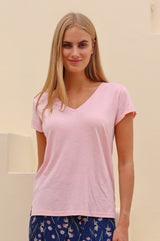 V-Neck Cotton T-shirt | Pink - Aspiga