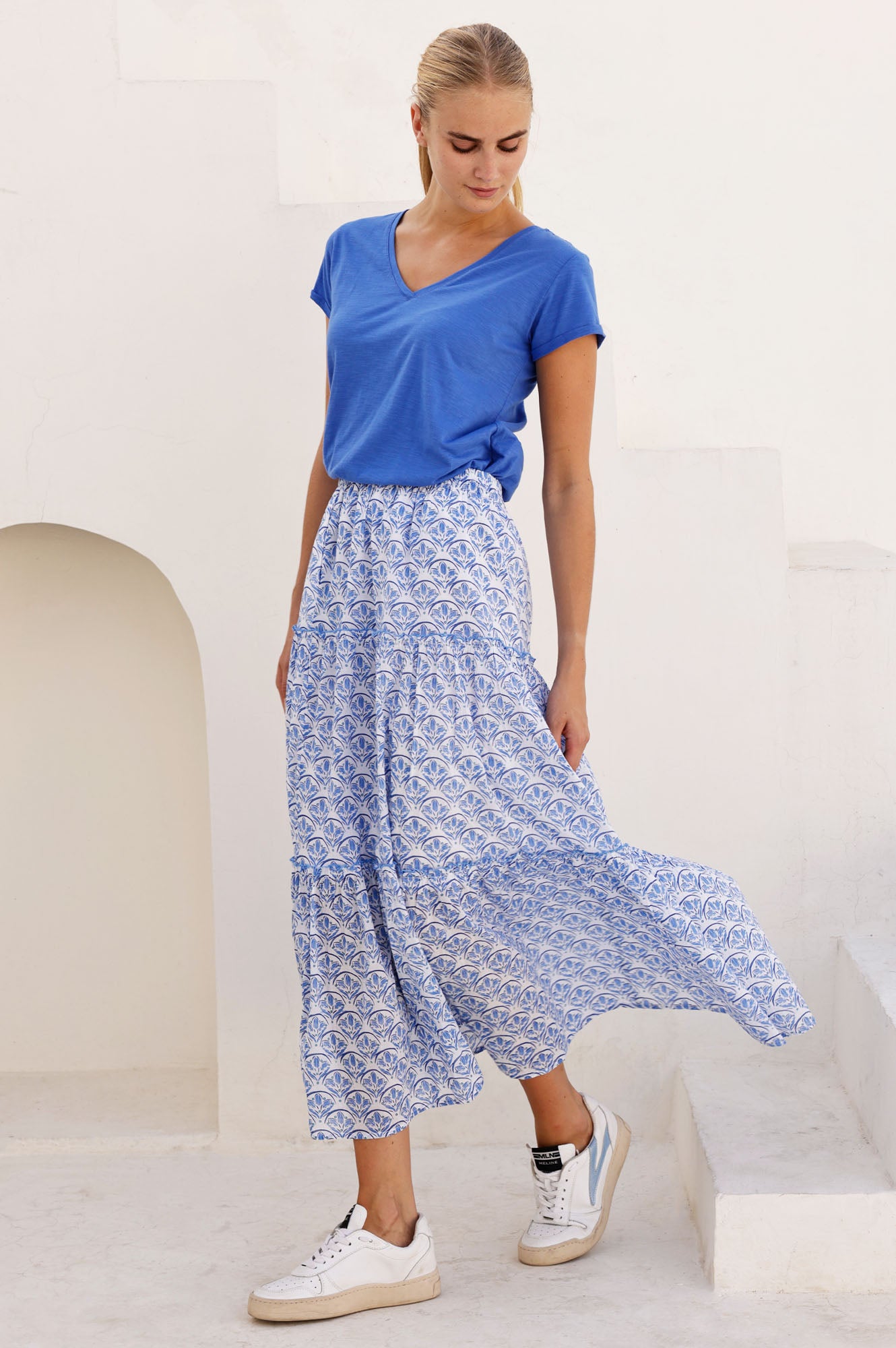 Bea Printed Organic Cotton Skirt | Clover Arches White/Blue