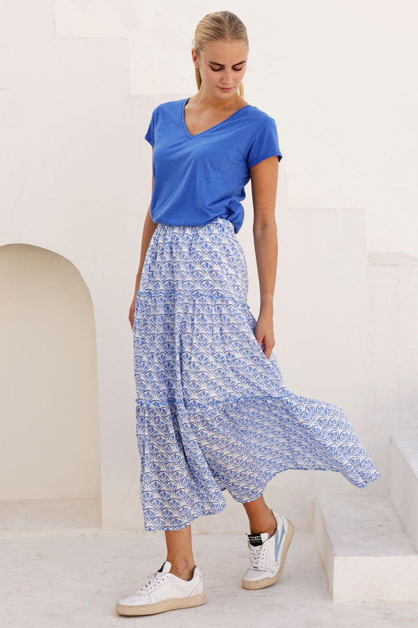 Bea Printed Organic Cotton Skirt | Clover Arches White/Blue