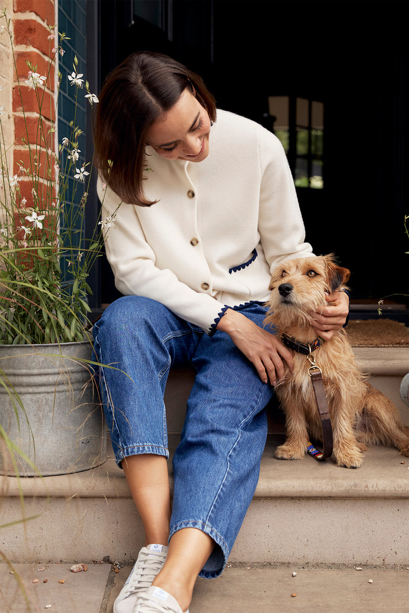 Merino Wool Blanket Stitch Cardigan | Cream/Navy