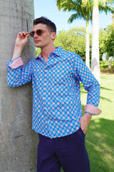 Men's Printed Cotton Shirt | Hyacinth Blue/Orange