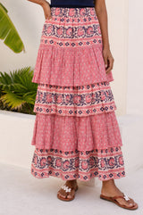 Tiered Block Print Midi Skirt | Pink/Navy