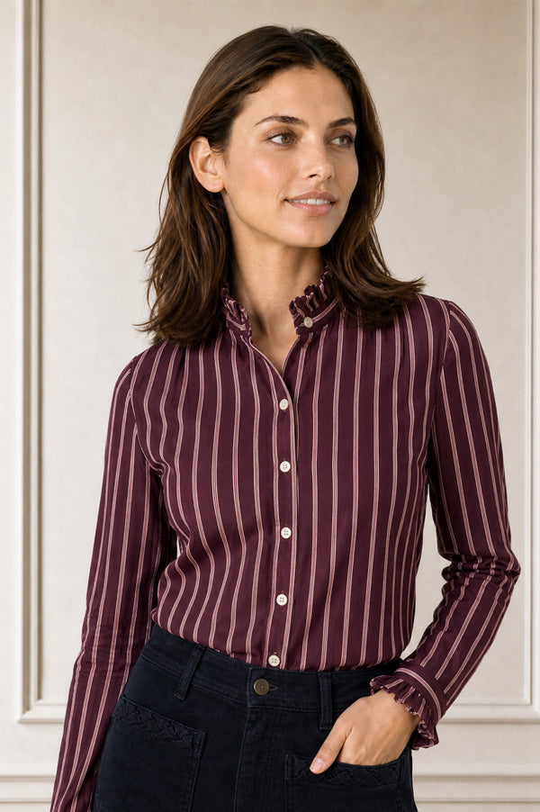 Aspiga Ladies Sustainable Frill Collar Stripe Blouse Purple/Pink