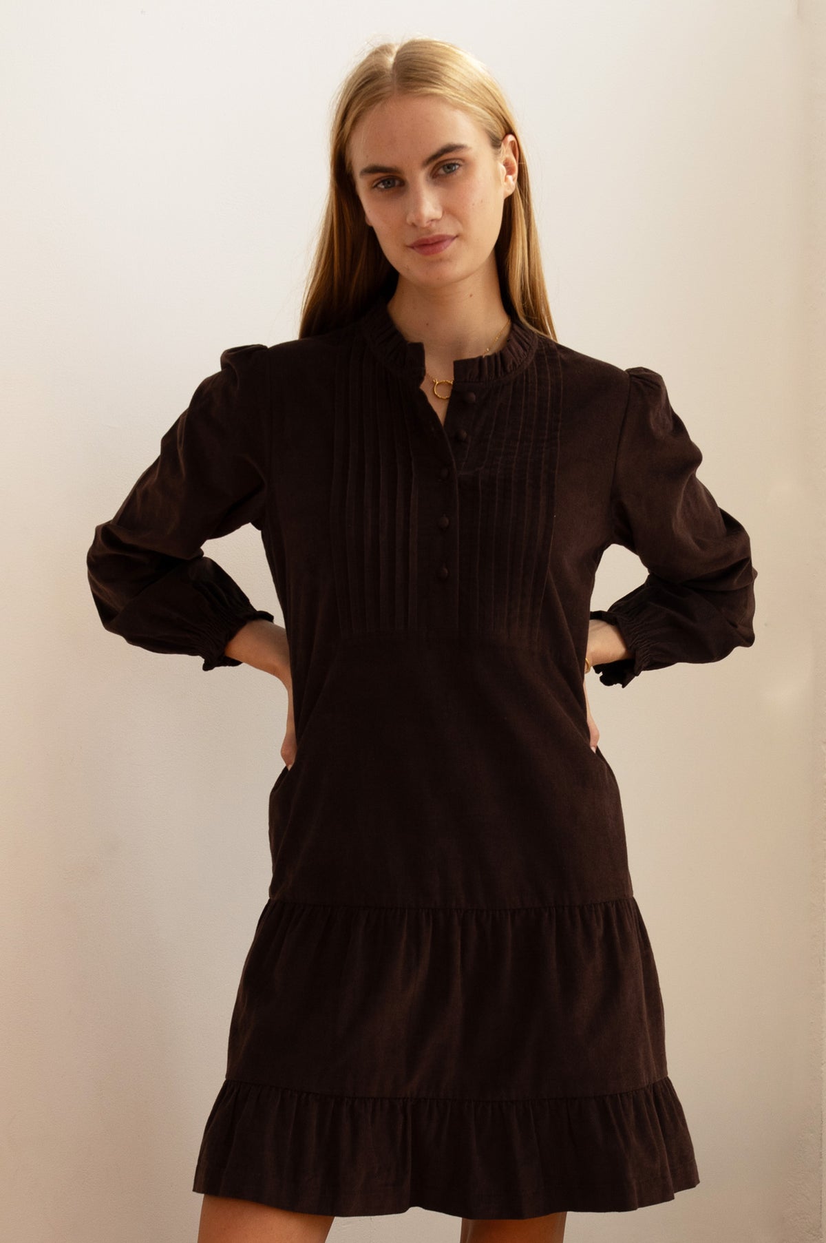 Aspiga Ladies Sustainable Stema Mini Cotton Corduroy Mini Dress Chocolate  Brown