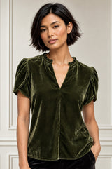 Tulip Sleeve Velvet Blouse | Dark Olive