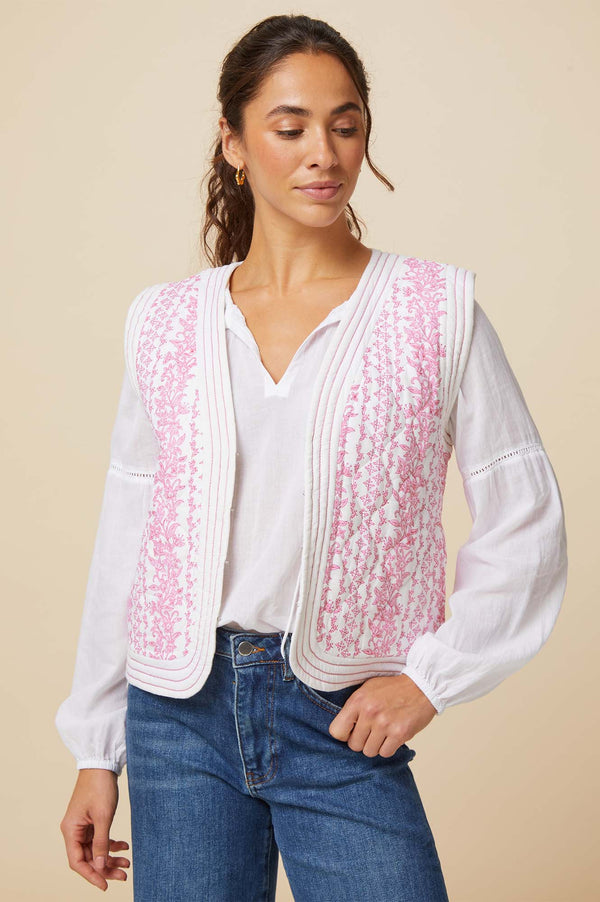 Nola Block Print Quilted Gilet | Lily Line White/Pink