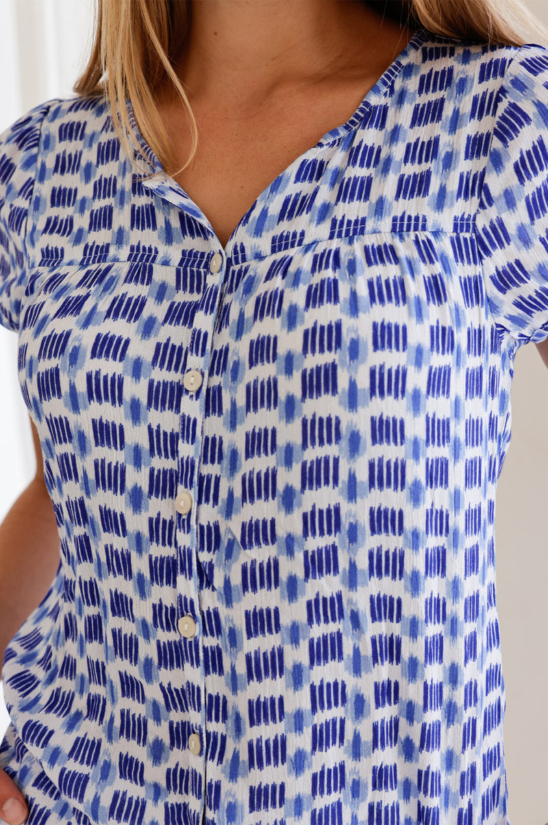 Lisbon Viscose Crinkle Blouse | Ikat White/Blue