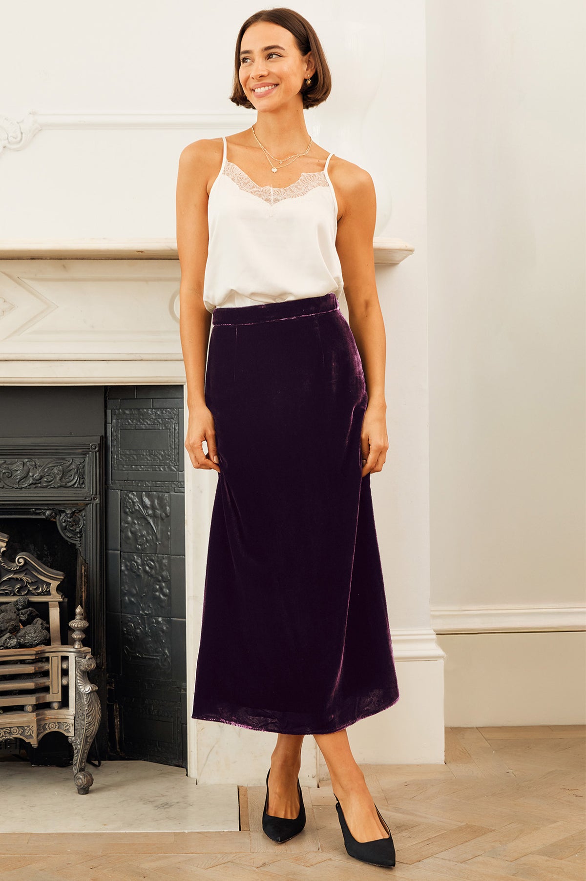 Aspiga Womens Velvet Midi Viscose Skirt Aubergine Purple Autumn