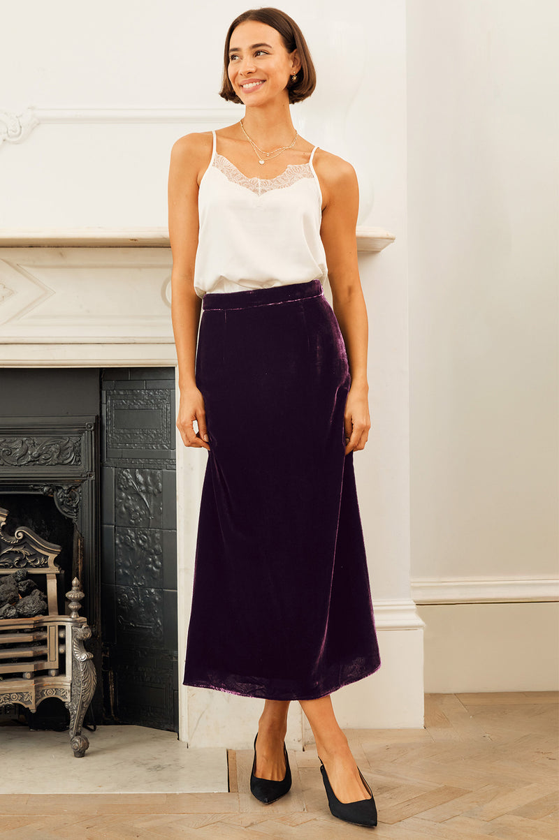 Velvet Midi Skirt | Aubergine