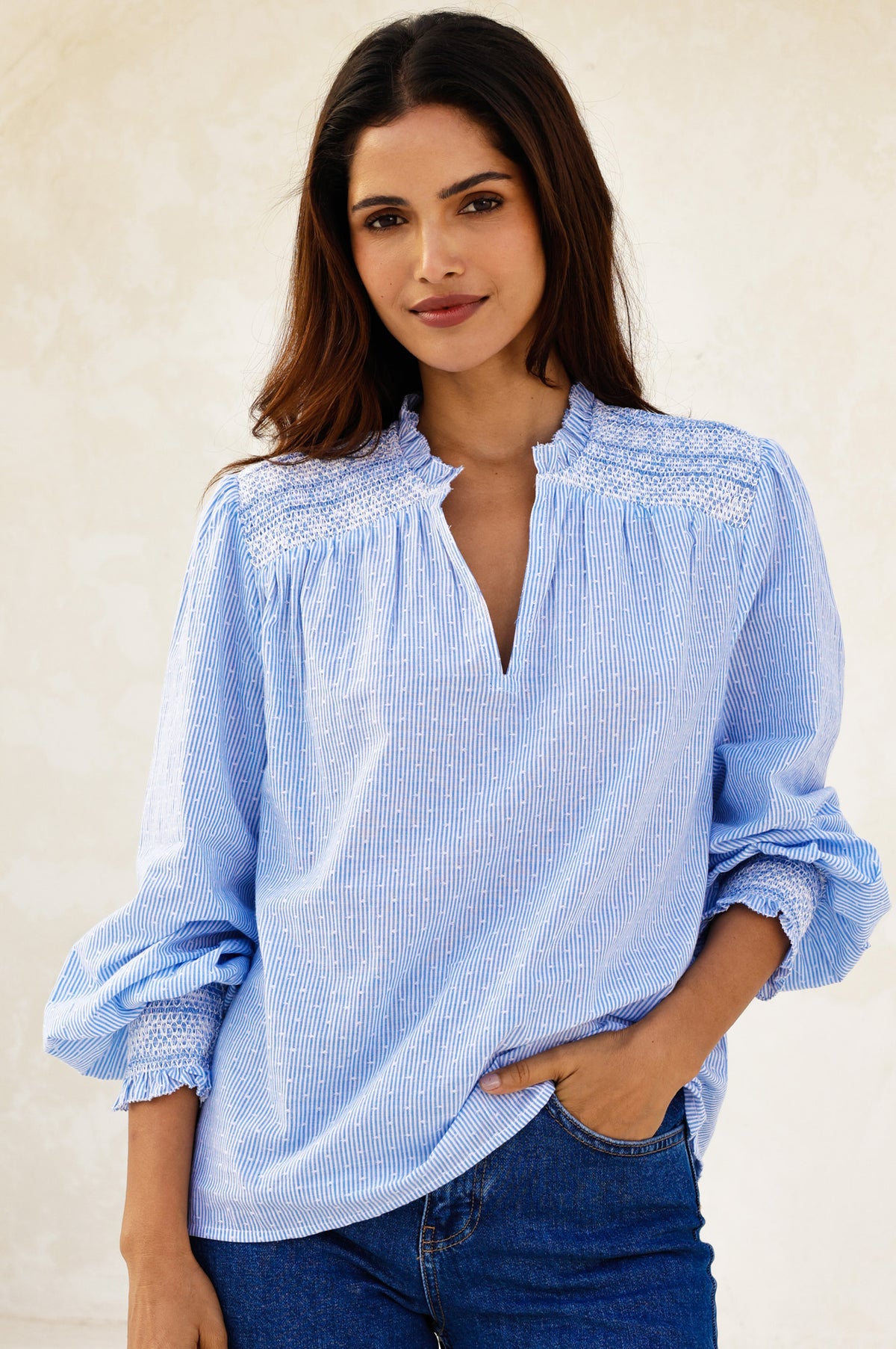 Aspiga Sustainable Womens Smocked Stripe Dobby Blouse Summer
