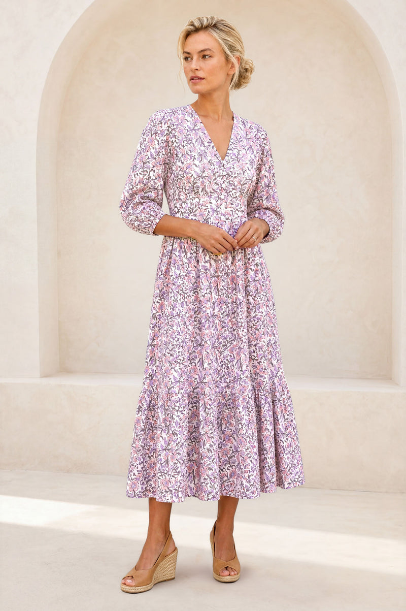 pink green and white dress Aspiga Women's Sustainable Jyoti Cotton Midi - M Statement ruffle sleeves