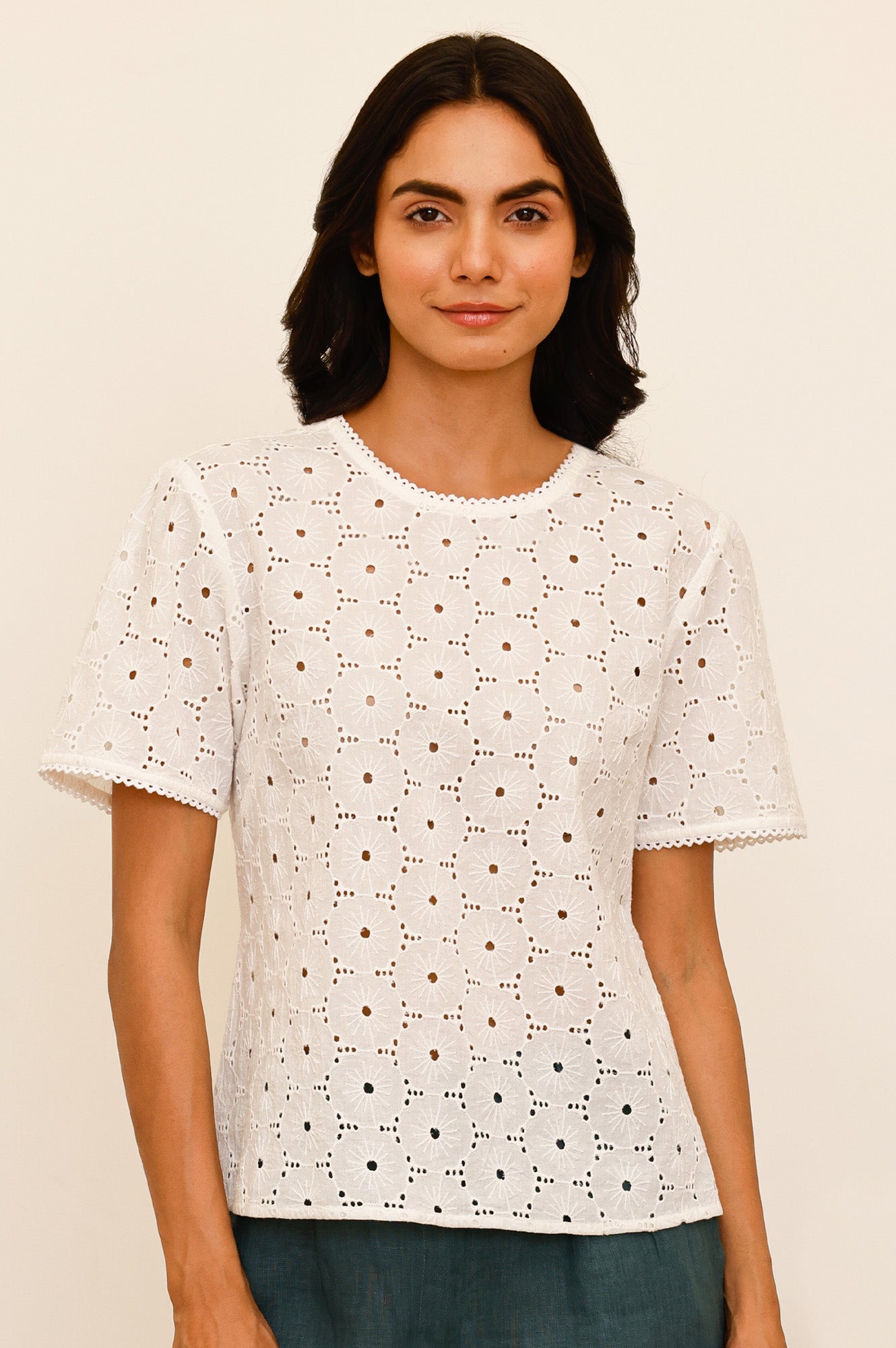 Broderie Cotton T-Shirt | Ivory - Aspiga