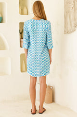 Mila Viscose Crinkle Shirt Tunic | White/Turquoise - Aspiga