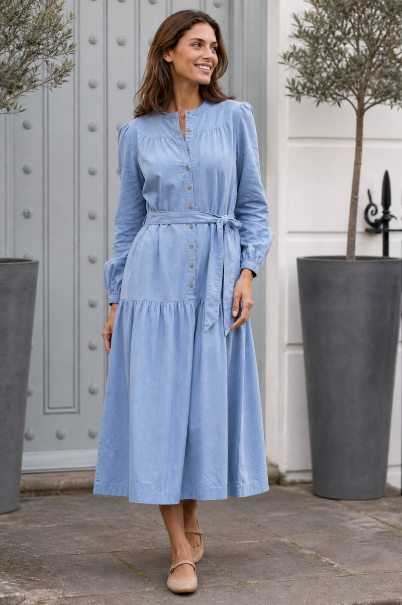 ice blue midi dress Aspiga Ladies Sustainable Baby Cord in Day Dress | XS/8 35% polyester) with a patterned Color:Green rust floral How Long Before a