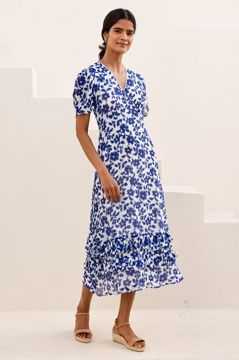 Aspiga Ladies Sustainable Ellery Summer Holiday Wedding Guest Evening Dress Floral Printed Cream White Navy Blue Aspiga Ladies Sustainable Ellery Summer Holiday Wedding Guest Evening Dress Floral Printed Cream White Navy Blue
