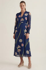 RHS Printed V Neck Chiffon Dress | Navy