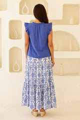 APPROVED Becks Organic Cotton Block Print Skirt | Geo White/Cobalt - Aspiga