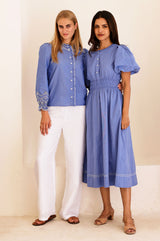 Chambray Puff Sleeve Shirt Dress | Blue