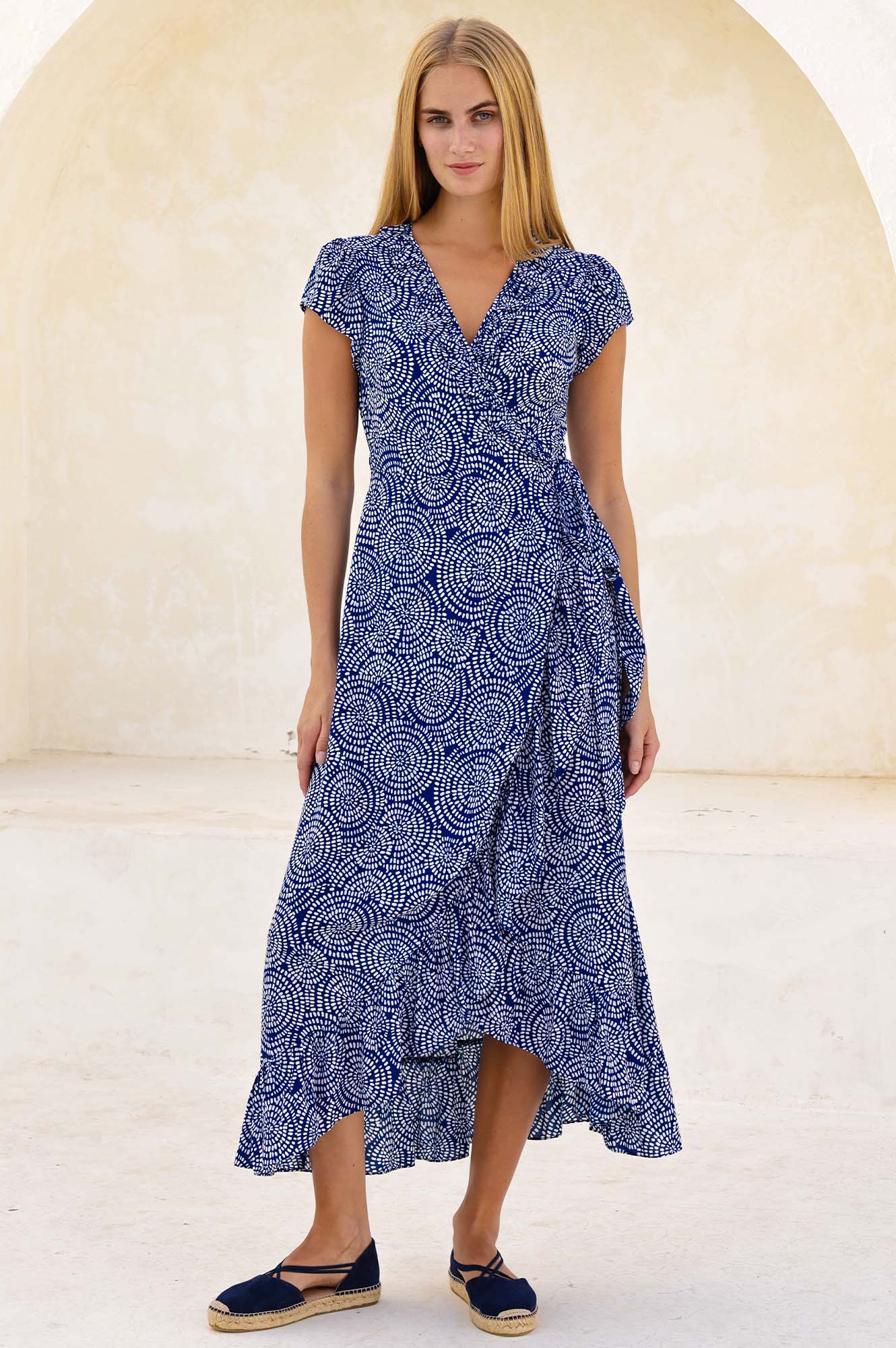 Demi EcoVero™ Wrap Dress | Circle Navy/White