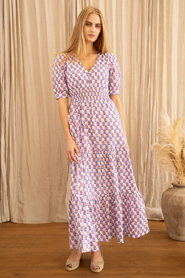 Billie Short Sleeve Organic Cotton Dress | Lily Flower White/Grey/Pink