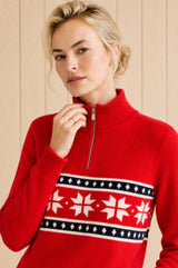 Merino Wool Snowflake Fairisle Quarter Zip Jumper | Red/Navy/White