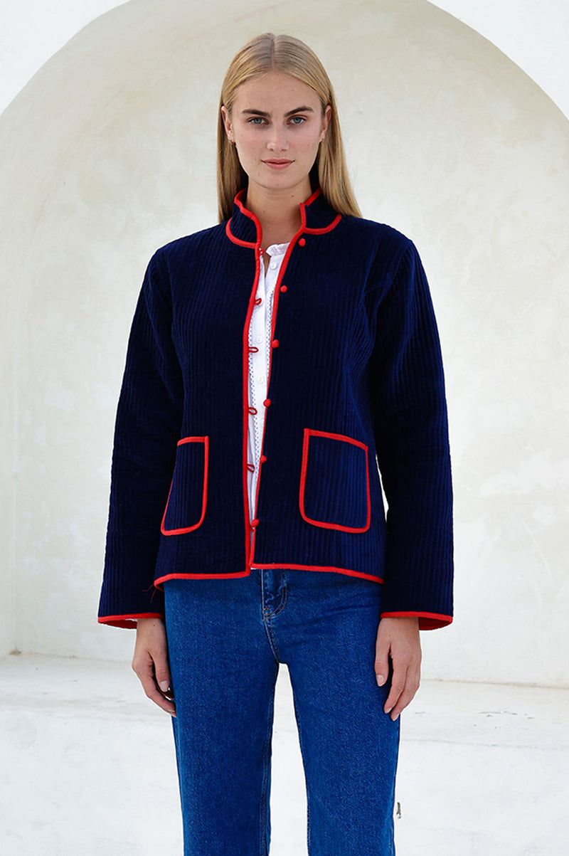Velvet Quilted Jacket | Navy/Red