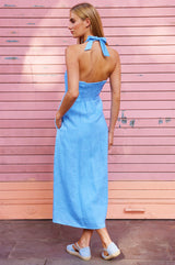 Tie Strap Linen Dress | Marina Blue - Aspiga