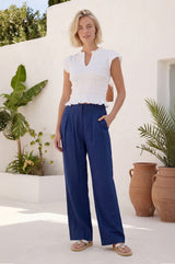 Pleat Front Linen Blend Trouser | Navy