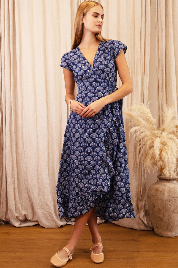 Demi Organic Cotton Wrap Dress | Shell Navy/White