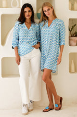 Clea Viscose Crinkle Blouse | Ikat White/Turquoise