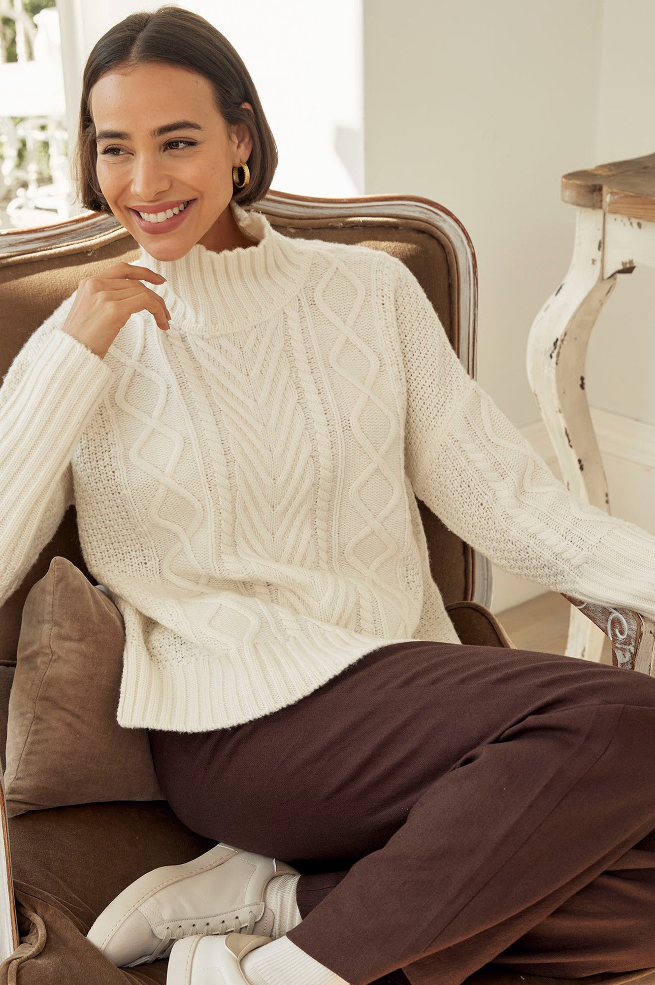 Merino Wool Cable Knit Funnel Neck Jumper | Cream