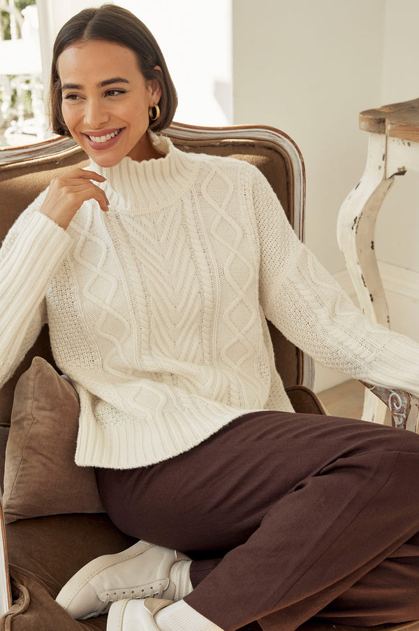Merino Wool Cable Knit Funnel Neck Jumper | Cream
