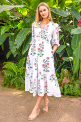 Jyoti Cotton Midi Dress | White/Pink/Green