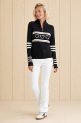 Merino Wool Stripe Hearts Quarter Zip | Black/Off White/Taupe