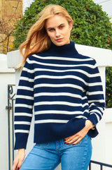 Cashmere Blend Striped Roll Neck Jumper | Navy/Ivory