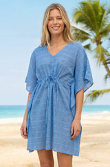 Pom Pom Check Pareo Manilla Kafan | Blue