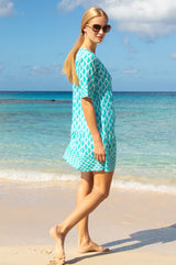 Santorini Cotton Kaftan | White/Sea Green