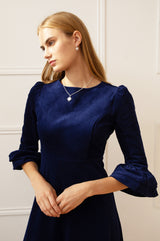 Victoria Round Neck 3/4 Sleeve Stretch Corduroy Dress | Atlantic Blue